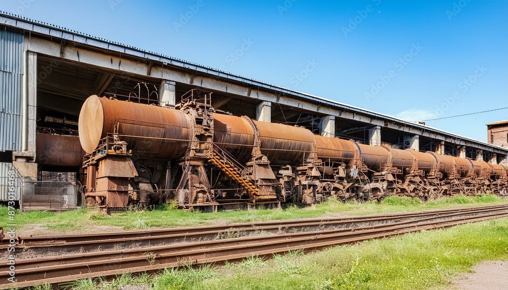 Obraz premium In the heart of the industrial city, an old steel factory hums with the rhythmic pulse of machinery, each engine and equipment a testament to the power of