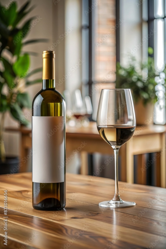 A bottle of white wine and a glass on a wooden table in a cozy sunny room with green plants A bottle of white wine and a glass on a wooden table in a cozy sunny room with green plants