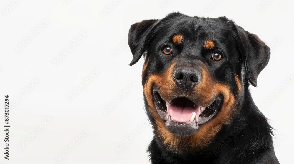 Joyful Rottweiler Portrait on White Background, Canine Happiness and Cheerful Expression Joyful Rottweiler Portrait on White Background, Canine Happiness and Cheerful Expression