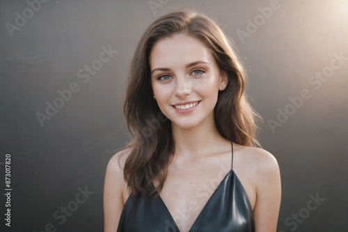 Beautiful brown hair woman  beauty close-up portrait on gray background