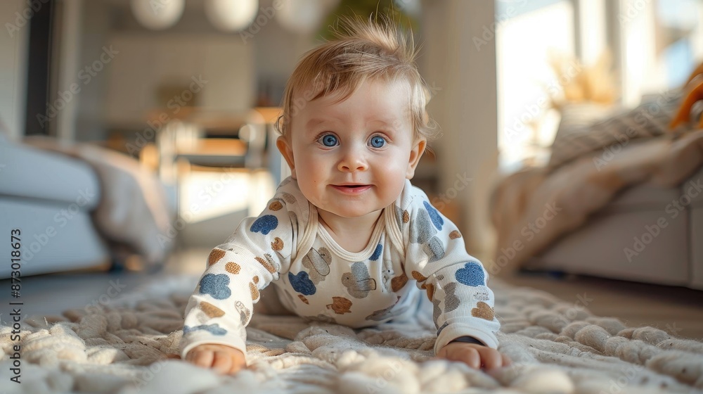 A joyful baby dressed in patterned pajamas, playfully crawling on a plush carpet in a modern living space filled with soft light and comfortable furniture. A joyful baby dressed in patterned pajamas, playfully crawling on a plush carpet in a modern living space filled with soft light and comfortable furniture.