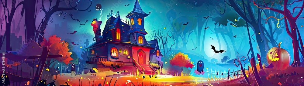 Spooky haunted house on a moonlit night with glowing pumpkins and eerie trees, perfect for Halloween-themed designs and projects. Spooky haunted house on a moonlit night with glowing pumpkins and eerie trees, perfect for Halloween-themed designs and projects.