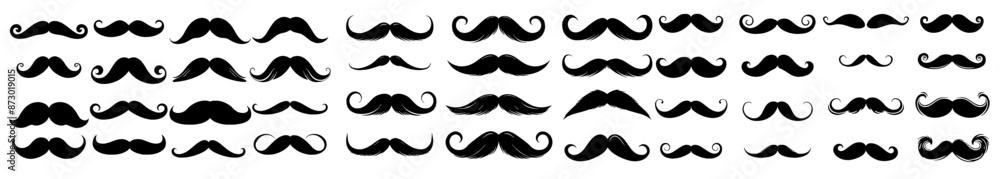 Set of mustaches in black silhouettes. Includes various styles for men, hipsters, and gentlemen. Perfect for barbershops, logos, and design elements. Vector illustration ideal for graphic projects. Set of mustaches in black silhouettes. Includes various styles for men, hipsters, and gentlemen. Perfect for barbershops, logos, and design elements. Vector illustration ideal for graphic projects.