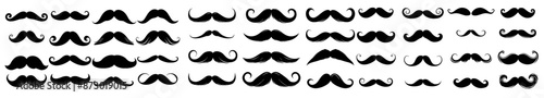 Set of mustaches in black silhouettes. Includes various styles for men, hipsters, and gentlemen. Perfect for barbershops, logos, and design elements. Vector illustration ideal for graphic projects.