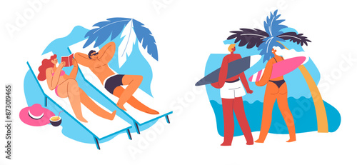 Couple Relaxing On Beach Loungers