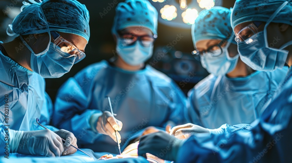 a group of surgeons in special blue clothes stand around an operating table a group of surgeons in special blue clothes stand around an operating table