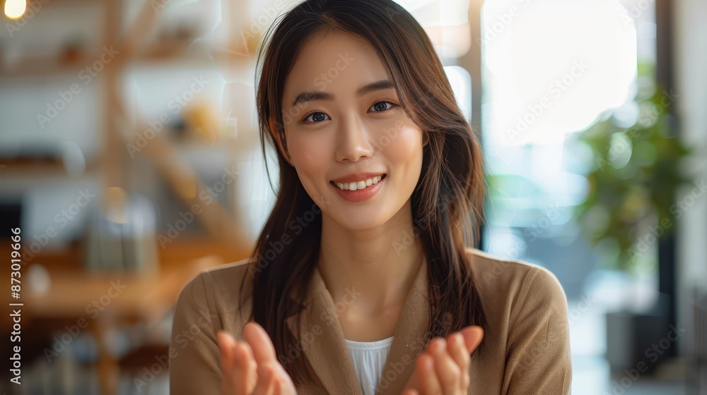 A friendly woman gestures with a smile, standing in a well-lit office environment filled with plants and wooden shelves, symbolizing warmth, approachability, and welcome. A friendly woman gestures with a smile, standing in a well-lit office environment filled with plants and wooden shelves, symbolizing warmth, approachability, and welcome.