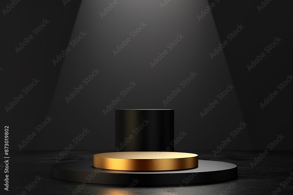 Abstract black gold podium empty room 3d shape with spot light design for product display presentation studio concept minimal wall scene illustration. Abstract black gold podium empty room 3d shape with spot light design for product display presentation studio concept minimal wall scene illustration.