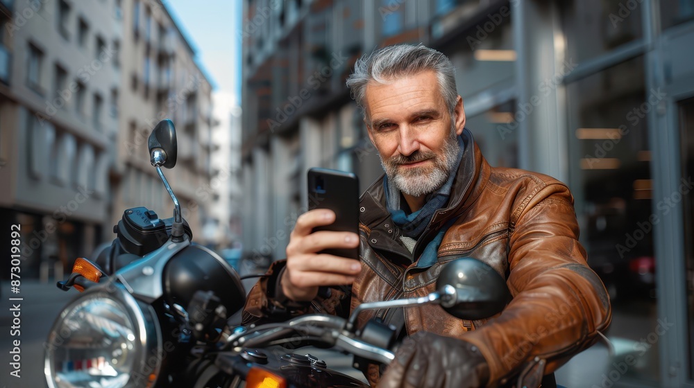 A stylish man with a grey beard sits on his motorcycle in an urban environment, browsing his smartphone, capturing the essence of modern tech and classic biker style. A stylish man with a grey beard sits on his motorcycle in an urban environment, browsing his smartphone, capturing the essence of modern tech and classic biker style.
