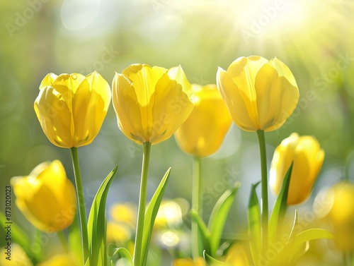 Bright and cheerful image of yellow tulips in full bloom, arranged beautifully with a soft-focus background, ideal for spring holiday greeting cards, with delicate sunlight enhancing their vibrant