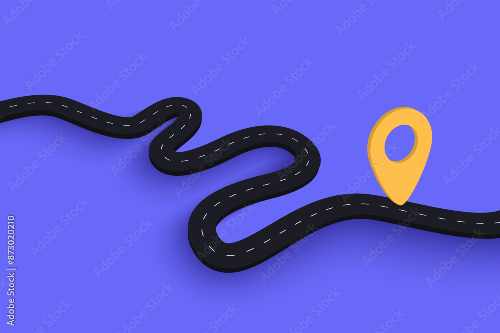 Obraz premium Modern flat road map and journey route infographics template. Simple vector 3d winding road with pin pointer 3d icon illustration