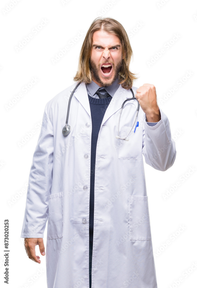 Young handsome doctor man with long hair over isolated background angry and mad raising fist frustrated and furious while shouting with anger. Rage and aggressive concept. Young handsome doctor man with long hair over isolated background angry and mad raising fist frustrated and furious while shouting with anger. Rage and aggressive concept.
