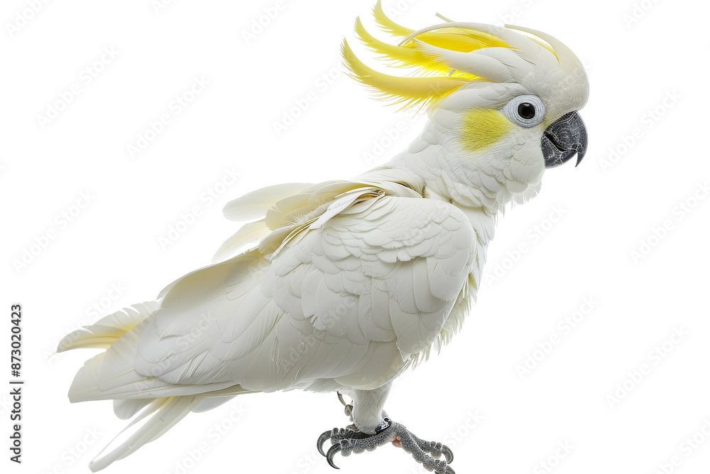 A white and yellow parrot with a yellow beak and a yellow crest on its head A white and yellow parrot with a yellow beak and a yellow crest on its head