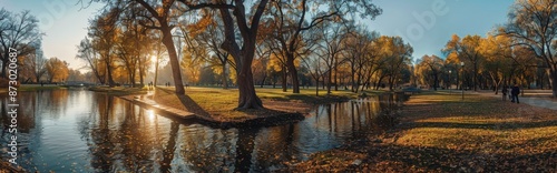 Sunset Over a River in a Green Park With Fall Foliage