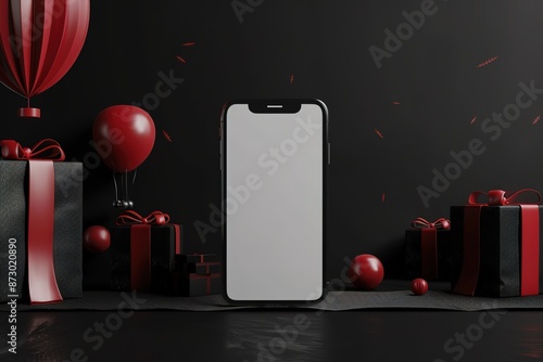 3d rendering black a smartphone and Parcel box with coins isolated on black background for delivery and online shopping concept design.