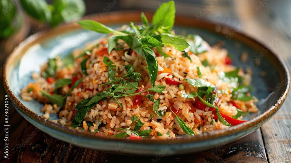 Authentic Thai Fried Rice Delight Served on Rustic Table in Cozy Restaurant Ambiance Authentic Thai Fried Rice Delight Served on Rustic Table in Cozy Restaurant Ambiance