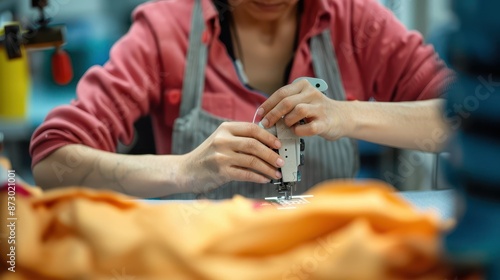 A person is seen focusing intently while sewing a piece of fabric with an industrial sewing machine, highlighting the precision and skill involved in textile craftsmanship.