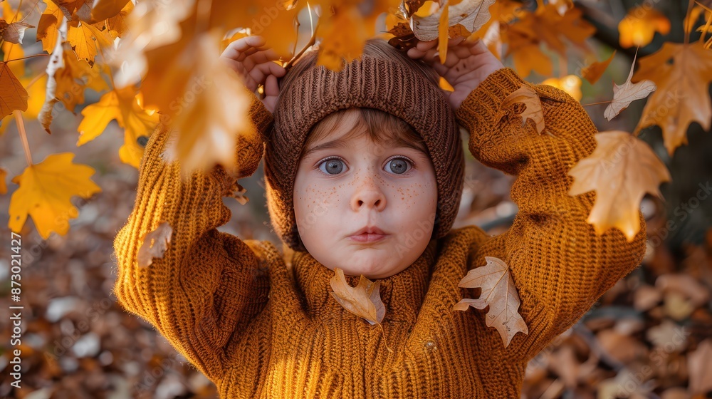 A child with a concerned expression wearing a brown hat and knitted sweater is playing among autumn leaves in the woods, depicting the curiosity and wonder of childhood. A child with a concerned expression wearing a brown hat and knitted sweater is playing among autumn leaves in the woods, depicting the curiosity and wonder of childhood.