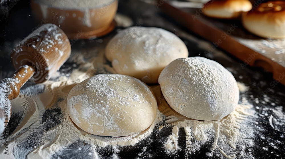 Three raw dough balls sprinkled with flour, placed on a floured surface alongside a rolling pin, representing the initial stages of bread preparation. Three raw dough balls sprinkled with flour, placed on a floured surface alongside a rolling pin, representing the initial stages of bread preparation.