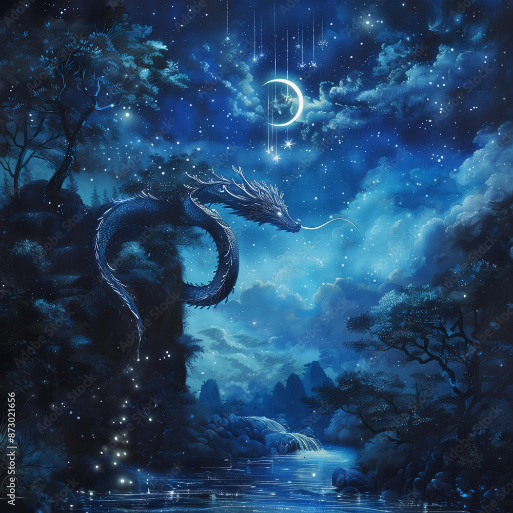 Illustration of dragon in the night with crescent Illustration of dragon in the night with crescent