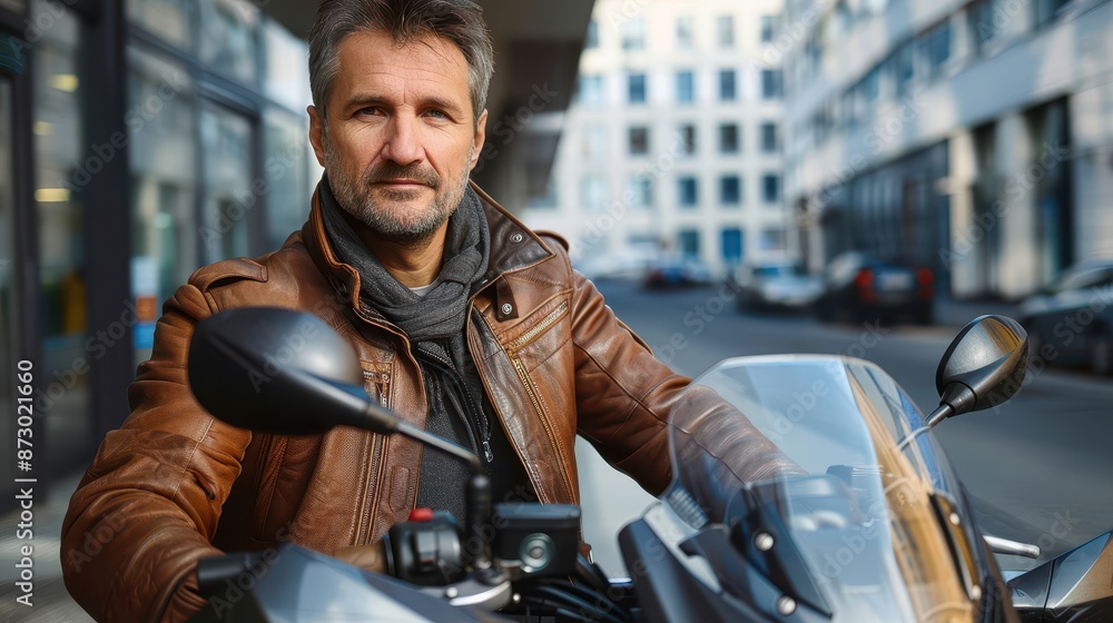 A man with a serious expression, clad in a brown leather jacket, sits on a motorcycle in a bustling urban area, seemingly lost in contemplation in the busy surroundings. A man with a serious expression, clad in a brown leather jacket, sits on a motorcycle in a bustling urban area, seemingly lost in contemplation in the busy surroundings.