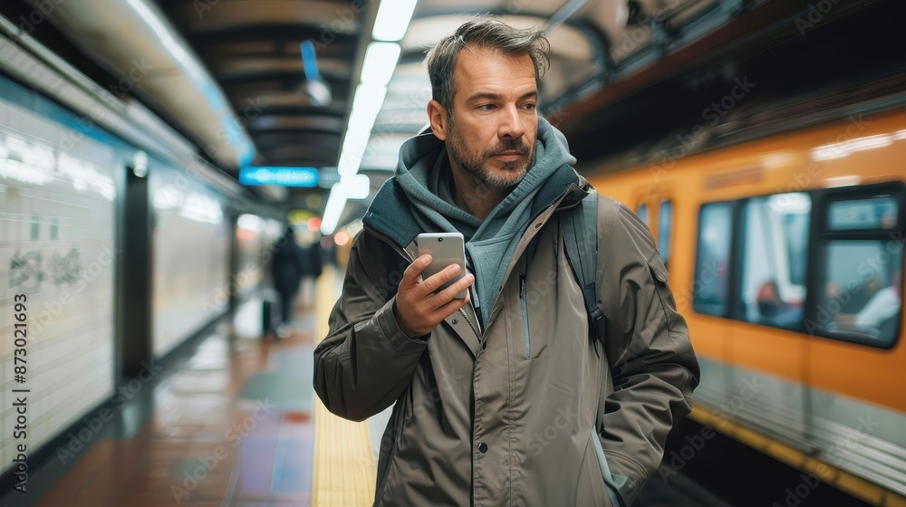 A man standing in a subway station, engrossed with his phone, signifying urban exploration and connectivity amidst the hustle of public transportation, wrapped in a grey coat. A man standing in a subway station, engrossed with his phone, signifying urban exploration and connectivity amidst the hustle of public transportation, wrapped in a grey coat.
