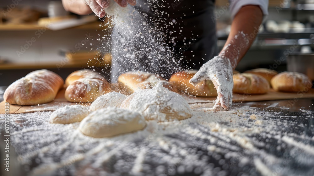 A baker is dusting flour over freshly prepared bread loaves on a wooden counter in a bakery, capturing the essence of artisanal bread making and craftsmanship. A baker is dusting flour over freshly prepared bread loaves on a wooden counter in a bakery, capturing the essence of artisanal bread making and craftsmanship.