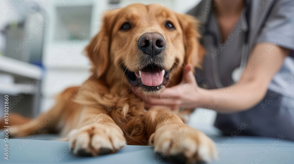A veterinarian is examining a dog on an examination table in a clinic. The image highlights a caring relationship between the vet and the pet during a routine check-up. A veterinarian is examining a dog on an examination table in a clinic. The image highlights a caring relationship between the vet and the pet during a routine check-up.