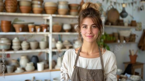 A confident potter with a gentle smile stands amongst her ceramics, captured in a cozy and well-organized studio, representing dedication to her artistic craft.