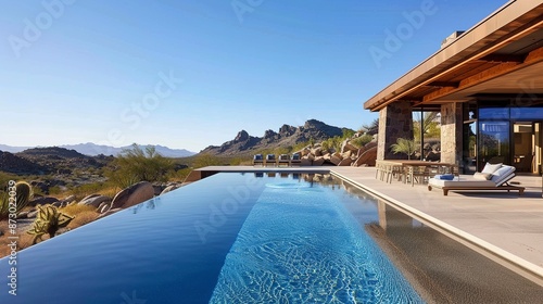 Luxurious swimming pool in a desert landscape.