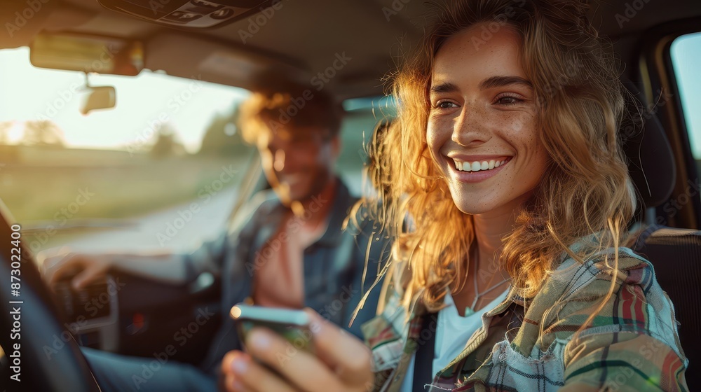 A woman with curly hair smiles while using her smartphone in a car, with a man in the background looking on in the passenger seat. The sun is setting outside. A woman with curly hair smiles while using her smartphone in a car, with a man in the background looking on in the passenger seat. The sun is setting outside.