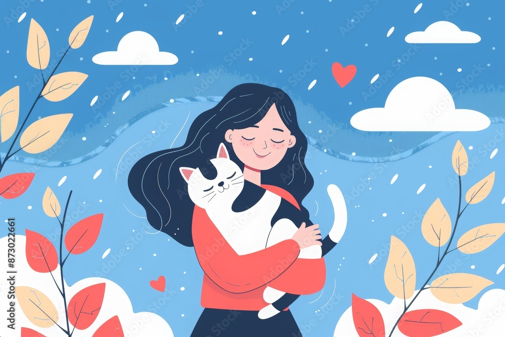 Naklejka premium happy woman holding a cat, with the text 