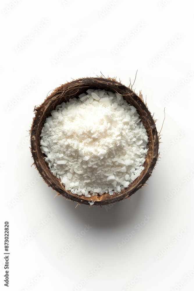 Coco open with rubbed cocoa meat and a white pedestal next to it. Coco open with rubbed cocoa meat and a white pedestal next to it.
