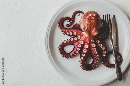 Tapa tpica espaola on a white plate: pulpo a la gallega with pimenton and olive oil photo