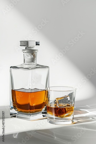 An empty whisky bottle with a liqueur bottle atop a white table with a clear background