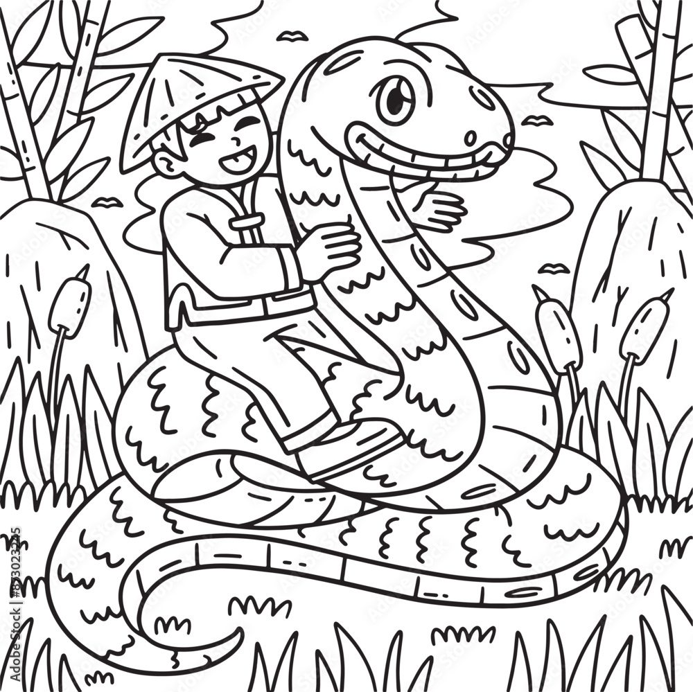 Year of the Snake Child Riding a Snake Coloring Year of the Snake Child Riding a Snake Coloring
