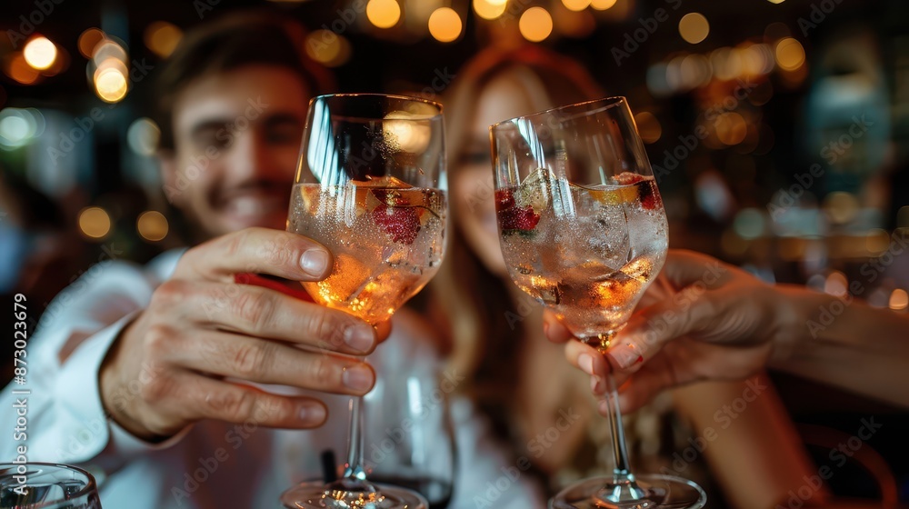 A couple raising their glasses for a toast while enjoying a night out at a stylish and cozy restaurant, capturing moments of togetherness and joy with a festive background. A couple raising their glasses for a toast while enjoying a night out at a stylish and cozy restaurant, capturing moments of togetherness and joy with a festive background.