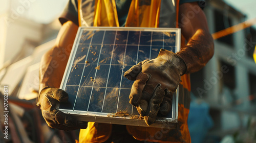  a man worker carrying a solar panel for installation, focused look, sunburnt skin, reflective vest, detailed gloves, vivid colors, high-definition textures, outdoor background, intricate solar panel  photo