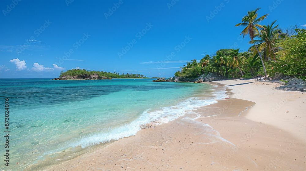Naklejka premium Pristine Tropical Beaches with Crystal Clear Waters, Lush Greenery, Tall Palms, and Idyllic Island Paradises for the Perfect Exotic Vacation Getaway