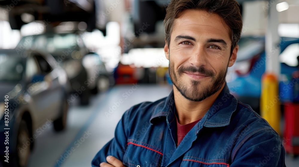 A confident, smiling mechanic in a blue jumpsuit stands with crossed arms inside a lively garage, surrounded by cars and automotive tools, exemplifying skill and dedication. A confident, smiling mechanic in a blue jumpsuit stands with crossed arms inside a lively garage, surrounded by cars and automotive tools, exemplifying skill and dedication.