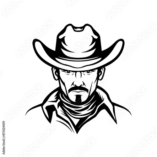 Stoic cowboy face in bold vector lines, embodying rugged Western spirit.