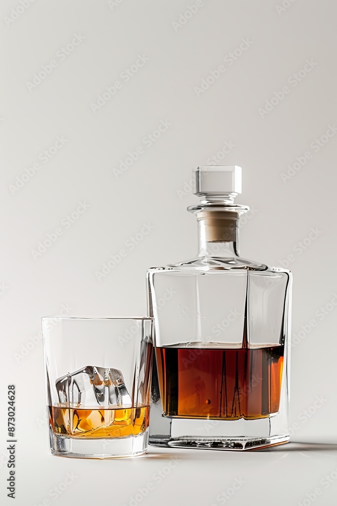 With a white background and a clear bottom, a glass container of whisky with a licorice bottle sits on a white board With a white background and a clear bottom, a glass container of whisky with a licorice bottle sits on a white board