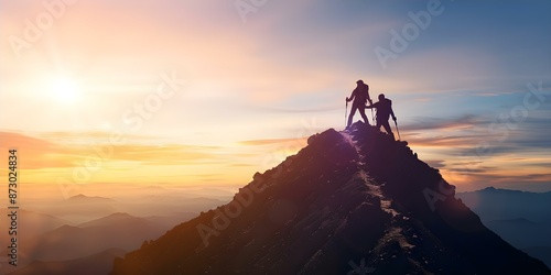 Assisting a Friend to Summit the Mountain. Concept Mountain Climbing, Friendship Adventure, Wilderness Trek, Summit Achievements, Outdoor Exploration