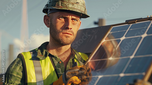  a man worker carrying a solar panel for installation, focused look, sunburnt skin, reflective vest, detailed gloves, vivid colors, high-definition textures, outdoor background, intricate solar panel  photo