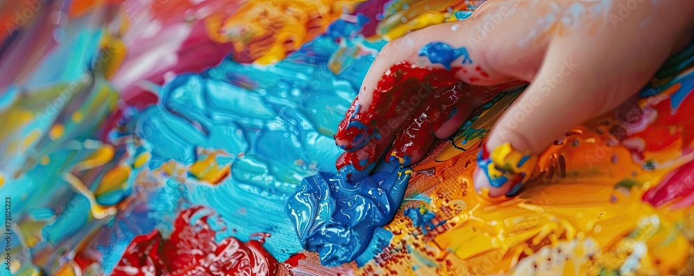 Fototapeta premium Close-up of a child's hand finger painting with vibrant colors, illustrating creativity and artistic expression in early childhood.