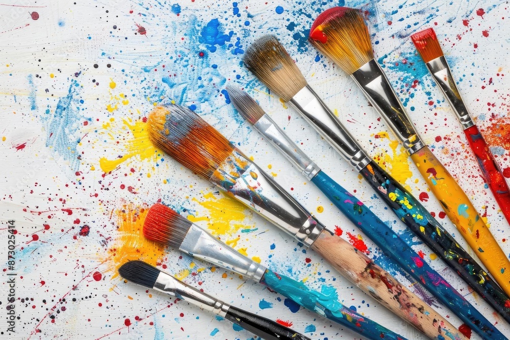 Fototapeta premium Colorful art brushes with vibrant paint splatters on a white background, showcasing creativity and artistic expression.