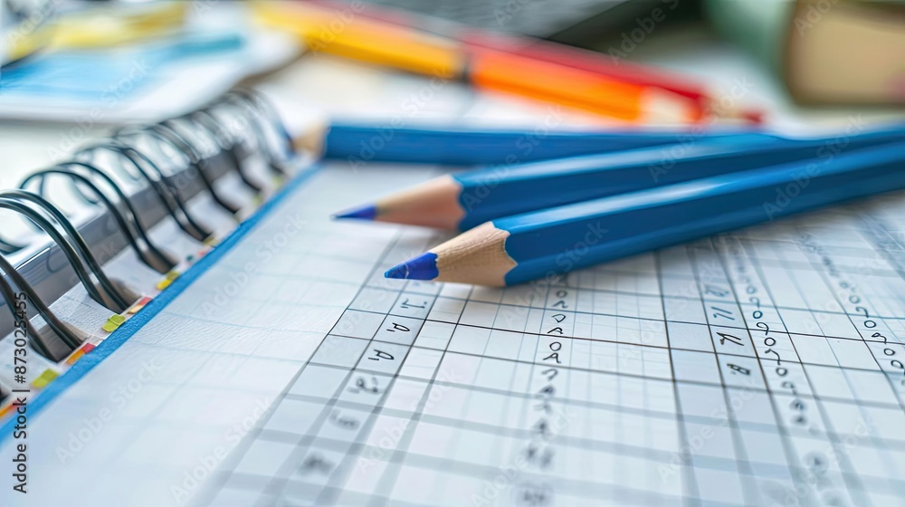 Close-up of blue pencils on a spreadsheet with a spiral notebook in the background, representing office or school work essentials. Close-up of blue pencils on a spreadsheet with a spiral notebook in the background, representing office or school work essentials.