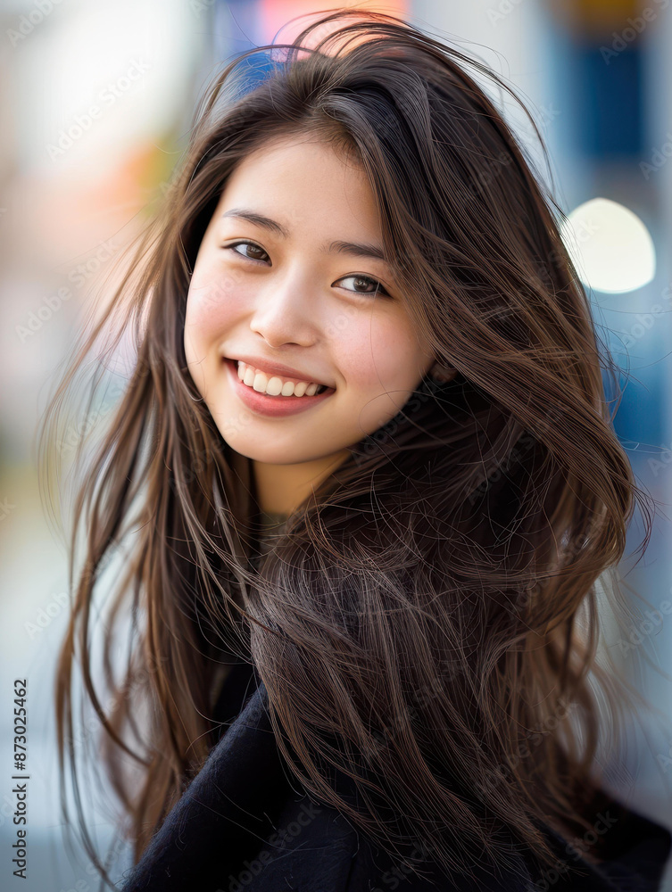Stunning image of a youthful Asian lady smiling on the street in a mix of salon kei and aurorapunk style. Stunning image of a youthful Asian lady smiling on the street in a mix of salon kei and aurorapunk style.