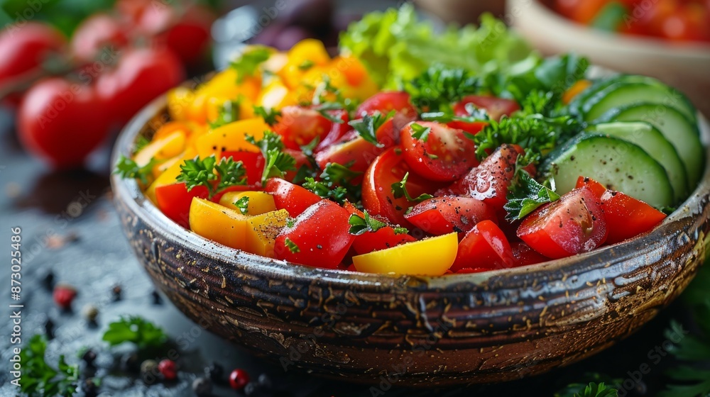 A Rustic Bowl of Freshly Cut Tomatoes, Cucumbers, and Parsley. Generative AI A Rustic Bowl of Freshly Cut Tomatoes, Cucumbers, and Parsley. Generative AI