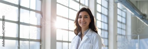 Smiling female doctor in a white coat in a bright hospital room. Represents professionalism and patient care.